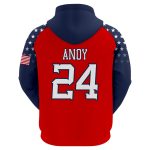 "Custom sublimation baseball and softball hoodie in red and navy blue with star pattern sleeves, featuring 'WaytoEast' branding and personalized player number 24."