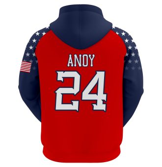 "Custom sublimation baseball and softball hoodie in red and navy blue with star pattern sleeves, featuring 'WaytoEast' branding and personalized player number 24."