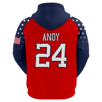 "Custom sublimation baseball and softball hoodie in red and navy blue with star pattern sleeves, featuring 'WaytoEast' branding and personalized player number 24."