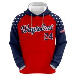 "Custom sublimation baseball and softball hoodie in red and navy blue with star pattern sleeves, featuring 'WaytoEast' branding and personalized player number 24."