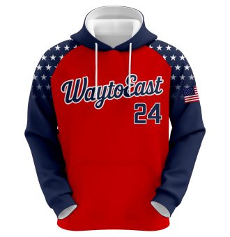 "Custom sublimation baseball and softball hoodie in red and navy blue with star pattern sleeves, featuring 'WaytoEast' branding and personalized player number 24."