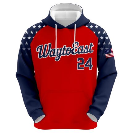 "Custom sublimation baseball and softball hoodie in red and navy blue with star pattern sleeves, featuring 'WaytoEast' branding and personalized player number 24."