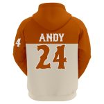 Custom copper sublimated baseball hoodie with personalized player name and number, showcasing a two-tone raglan design.