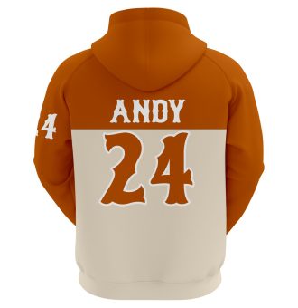 Custom copper sublimated baseball hoodie with personalized player name and number, showcasing a two-tone raglan design.