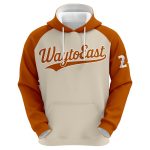 Custom copper sublimated baseball hoodie with personalized player name and number, showcasing a two-tone raglan design.