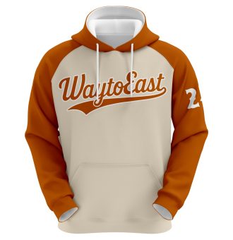 Custom copper sublimated baseball hoodie with personalized player name and number, showcasing a two-tone raglan design.