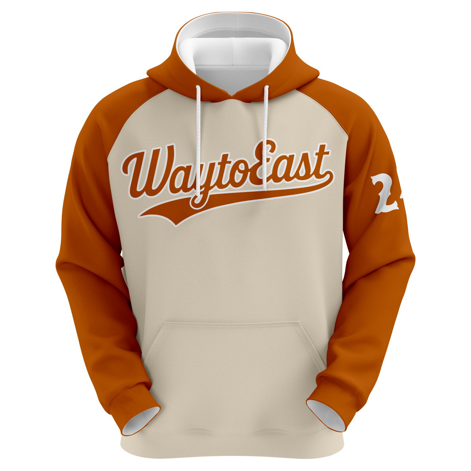 Copper Classic Baseball Hoodie Front Custom copper sublimated baseball hoodie with personalized player name and number, showcasing a two-tone raglan design.