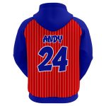 Custom sublimated baseball hoodie in red and blue with white pinstripes and athletic logo branding.