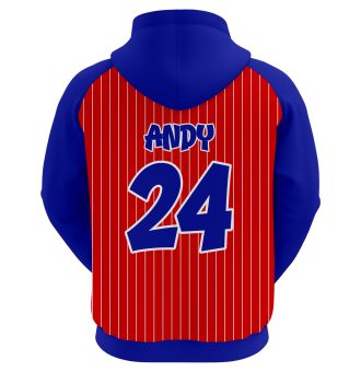 Custom sublimated baseball hoodie in red and blue with white pinstripes and athletic logo branding.
