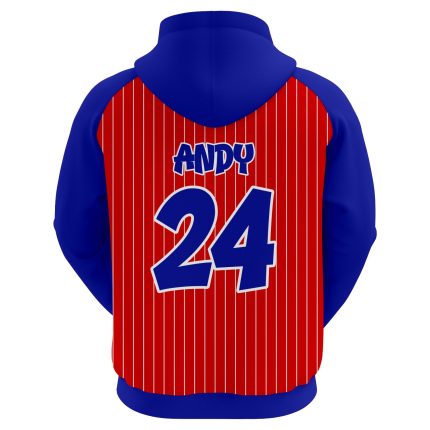 Custom sublimated baseball hoodie in red and blue with white pinstripes and athletic logo branding.