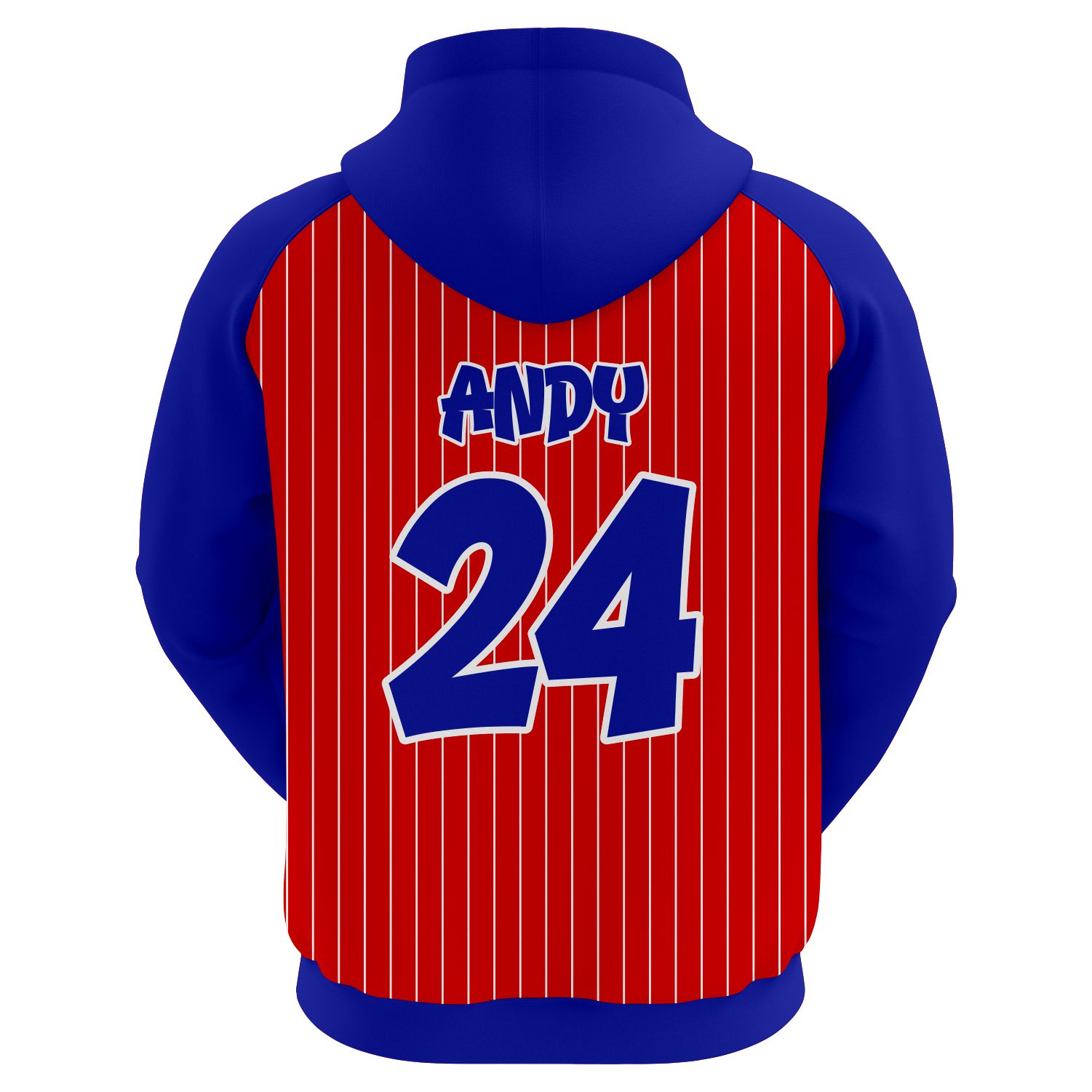 Red Diamond Pinstripe Hoodie Back Custom sublimated baseball hoodie in red and blue with white pinstripes and athletic logo branding.