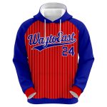Custom sublimated baseball hoodie in red and blue with white pinstripes and athletic logo branding.