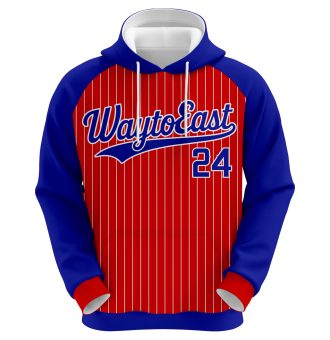 Custom sublimated baseball hoodie in red and blue with white pinstripes and athletic logo branding.