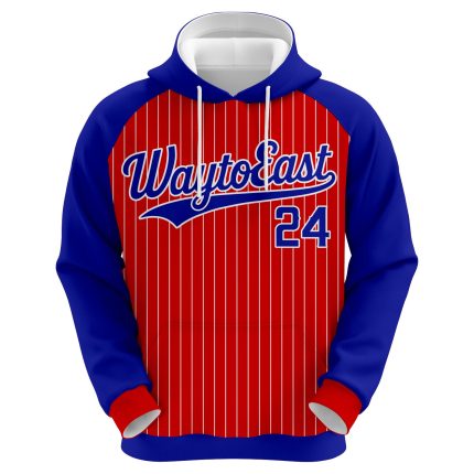 Custom sublimated baseball hoodie in red and blue with white pinstripes and athletic logo branding.