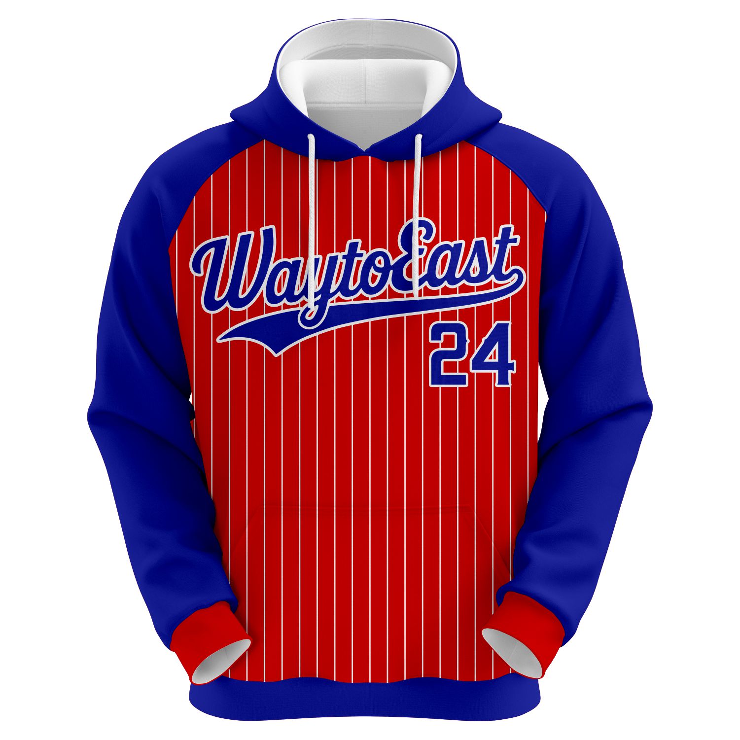 Red Diamond Pinstripe Hoodie Front Custom sublimated baseball hoodie in red and blue with white pinstripes and athletic logo branding.