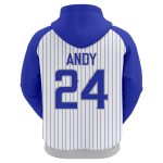 Custom sublimated baseball hoodie in White and Grey with Blue pinstripes and athletic logo branding.