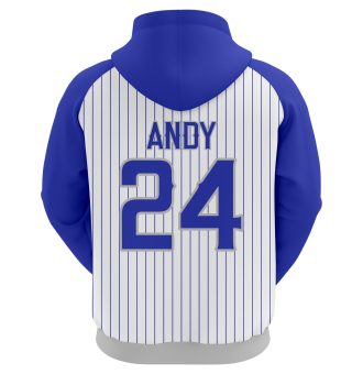 Custom sublimated baseball hoodie in White and Grey with Blue pinstripes and athletic logo branding.