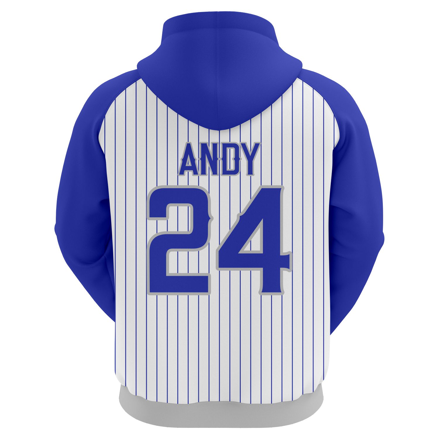 Royal Pinstripe Hoodie Back Custom sublimated baseball hoodie in White and Grey with Blue pinstripes and athletic logo branding.