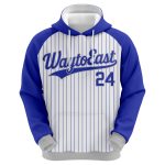 Custom sublimated baseball hoodie in White and Grey with Blue pinstripes and athletic logo branding.