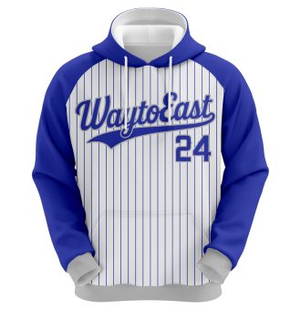 Custom sublimated baseball hoodie in White and Grey with Blue pinstripes and athletic logo branding.