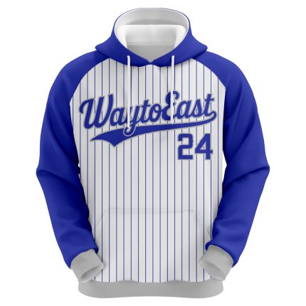Custom sublimated baseball hoodie in White and Grey with Blue pinstripes and athletic logo branding.